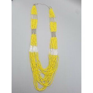 Multi-Strand Necklace Yellow Seed Bead Silver Tubes and Balls